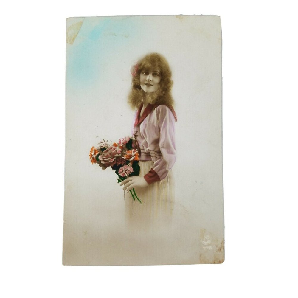 Vintage Real Photo Post Card Pretty Belgian Lady with a Handful of Flowers 1923